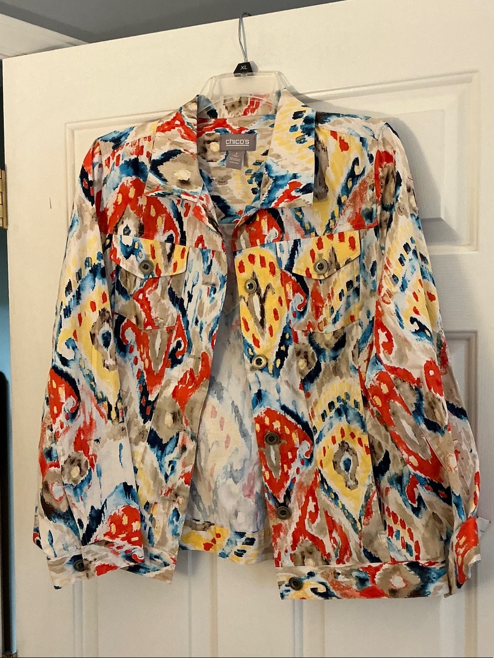 Chico's Abstract Ikat Print Jacket in Red, Yellow, Blue, Cream size 1